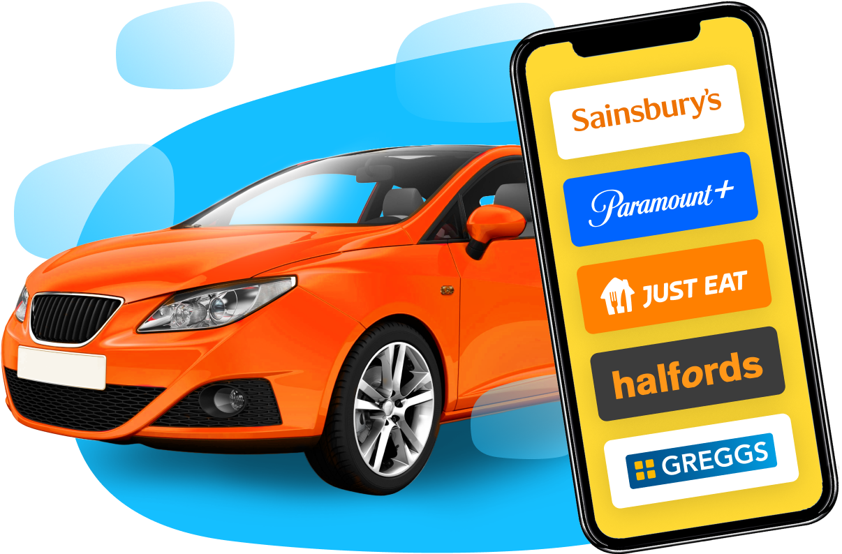 Orange car with mobile in front showing the available Confused.com rewards