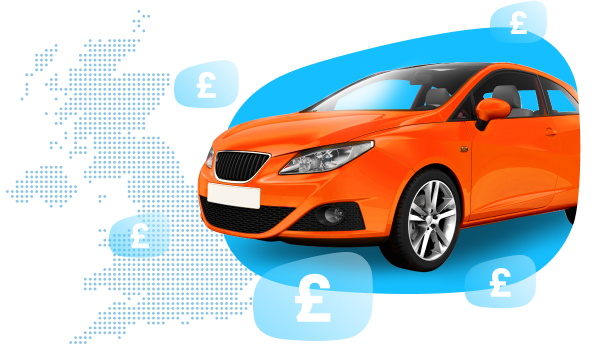 Car with map of UK and pound symbols