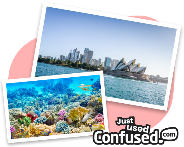 Pictures of Australian landmarks, the Sydney Opera House and the Great Barrier Reef