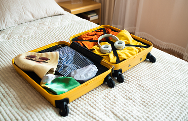 Image of a filled suitcase on a bed