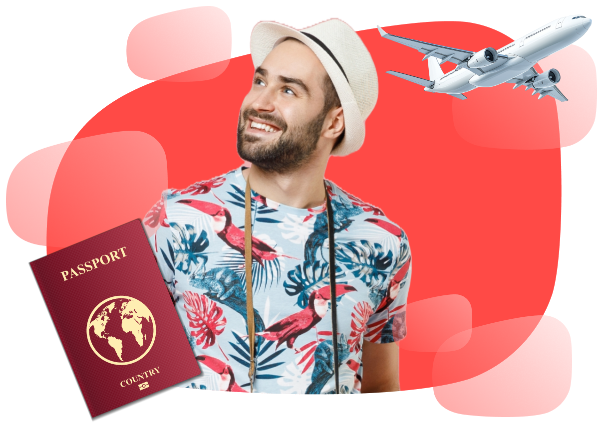 Image of man going on holiday with his passport and with an aeroplane in the background