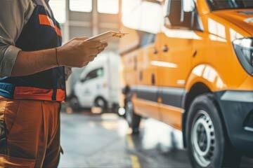 Mechanic with clipboard infront of a van