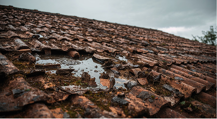 A damaged roof caused by a storm