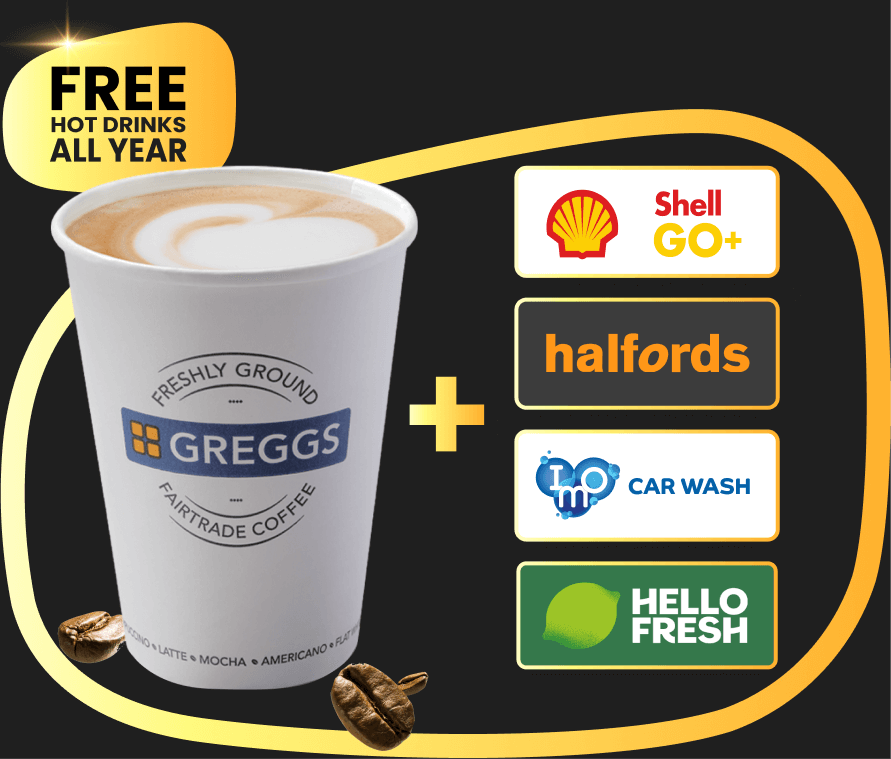 A cup of Greggs hot drink with a plus sign and a selection of Confused.com rewards