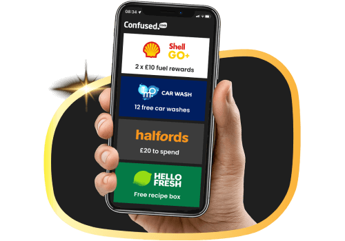 Hand holding phone with a selection of Confused.com rewards
