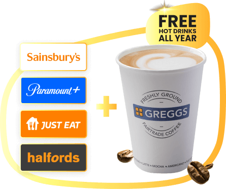 A cup of Greggs hot drink with a plus sign and a selection of Confused.com rewards