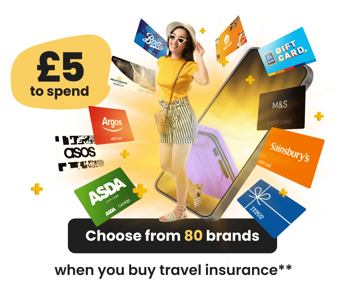 Image of woman walking out of mobile phone with a suitcase and available rewards around her