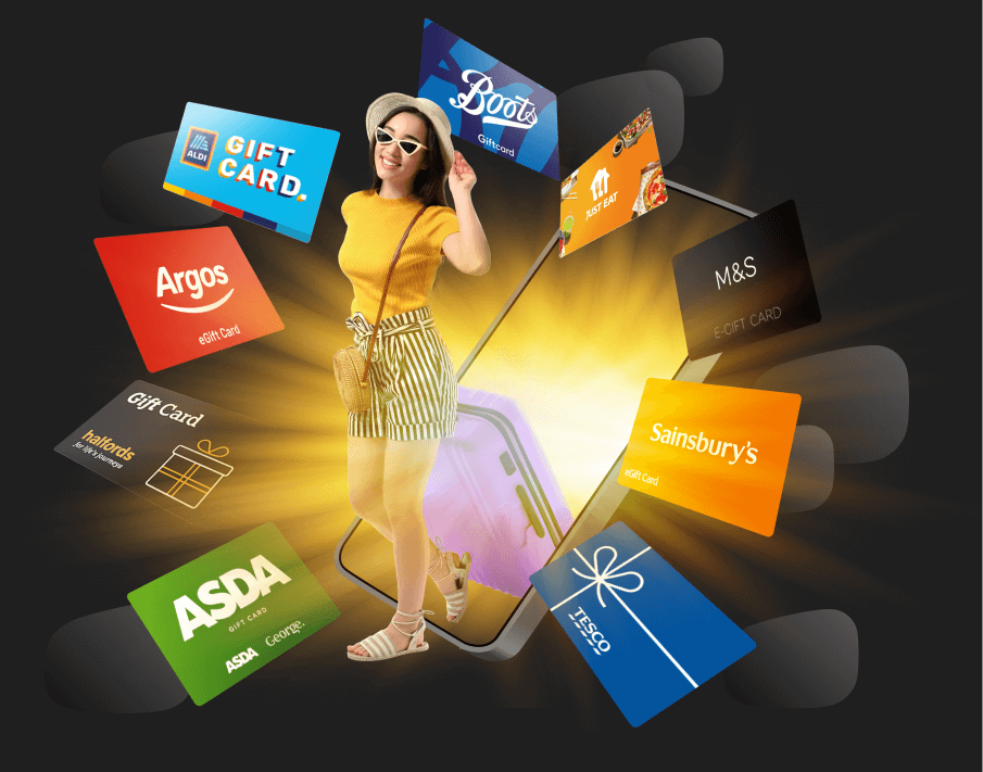 Image of woman walking out of mobile phone with a suitcase and available rewards around her.