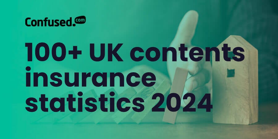 Feature image showing a key in a door lock, with a keyring of a house attached to it and the title "100 UK Contents Insurance statistics 2024"