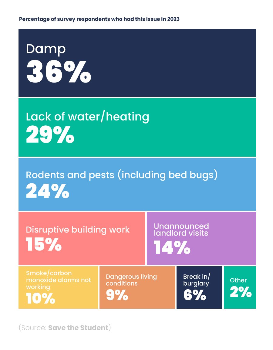 Tree map showing the most common issues in student accommodation in the UK in 2023.