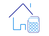 Dark blue icon of a house with a calculator