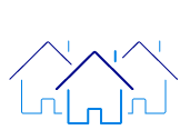 Dark blue icon of three houses