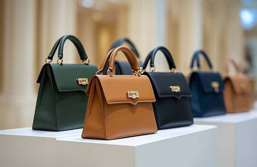 handbags laid out on table in store